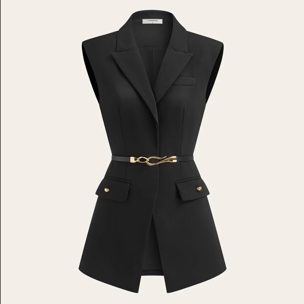Commense Belted Tailored Vest - Black & Gold